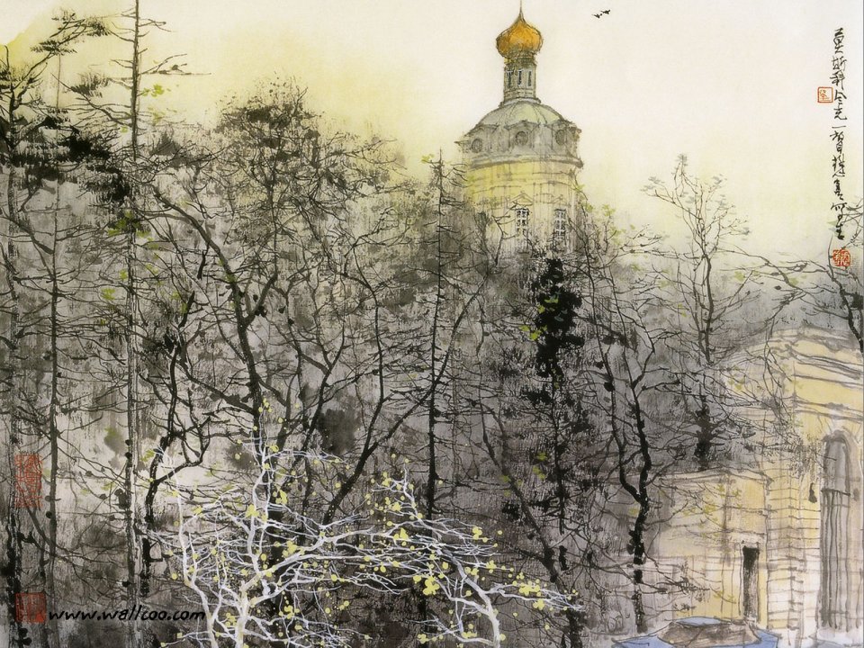 Liu Maoshan Color Ink Painting Russia Orthodox Church Scenery