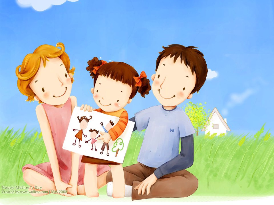 Little Girl Showing Family Drawing To Parents Mothers Day Illustration