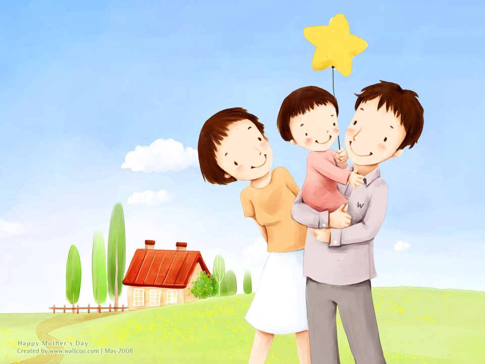 Happy Family Of Three Spring Suburb Mothers Day Watercolor Illustration