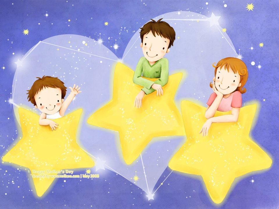 Happy Family In Starry Sky Mothers Day Cute Illustration
