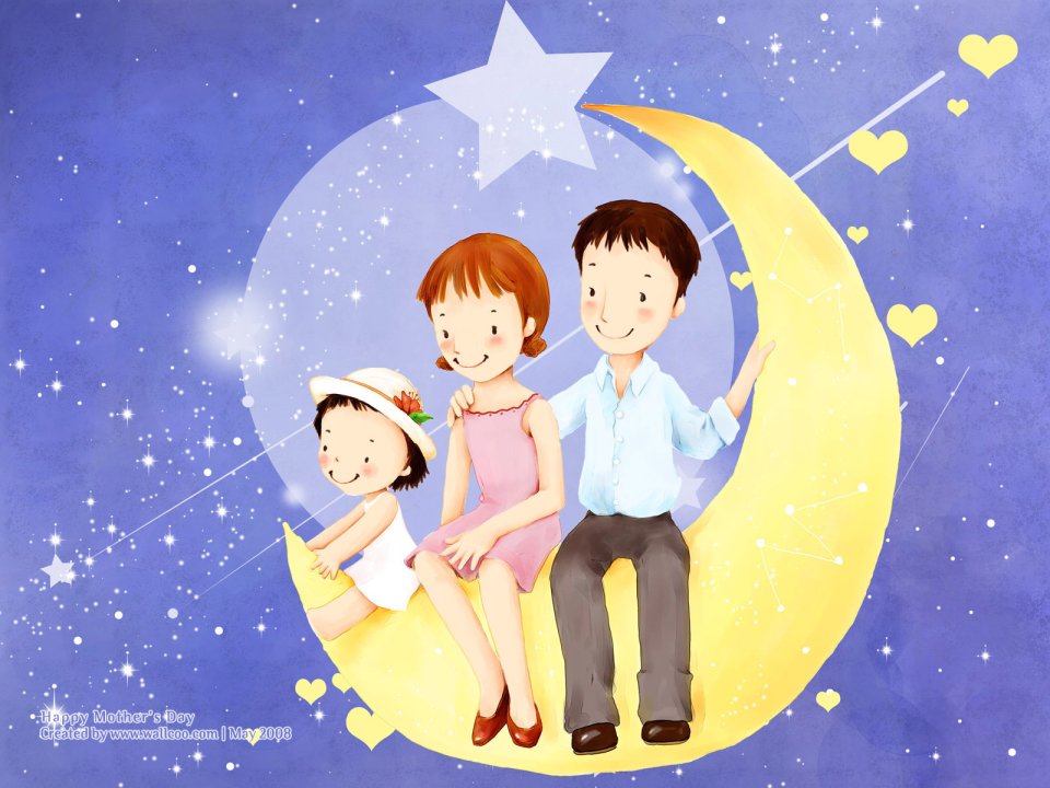 Happy Family Sit On Crescent Moon Mothers Day Warm Illustration