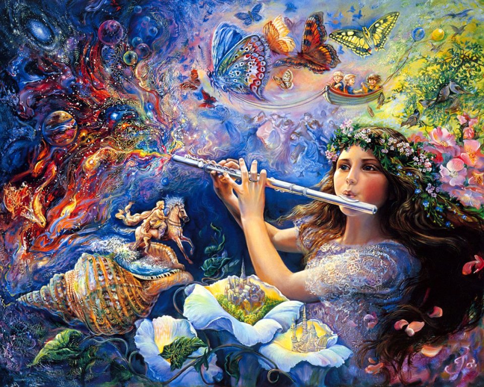 Enchanted Flute Fantasy Girl Surreal Oil Painting