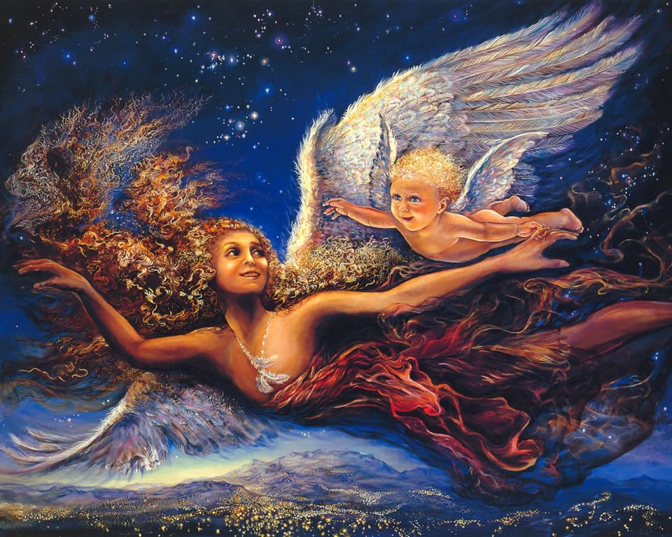 First Flight Fantasy Oil Painting Angel Mother Child Flying Under Starry Sky