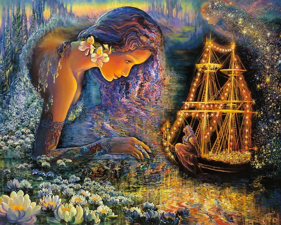 Josephine Wall 奇幻艺术 水中女神与星光帆船插画