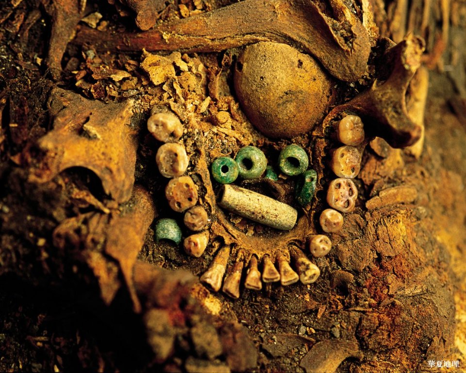 国家地理 考古现场出土古代人骨与玉石珠饰特写