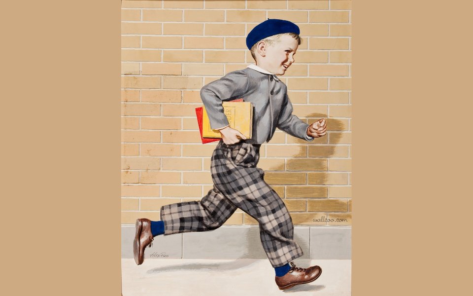 Running Little Boy Off To School Vintage Illustration