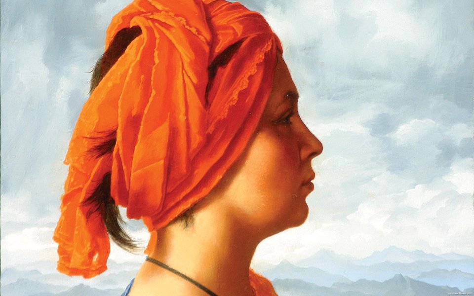 Orange Turban Female Portrait Oil Painting Detail