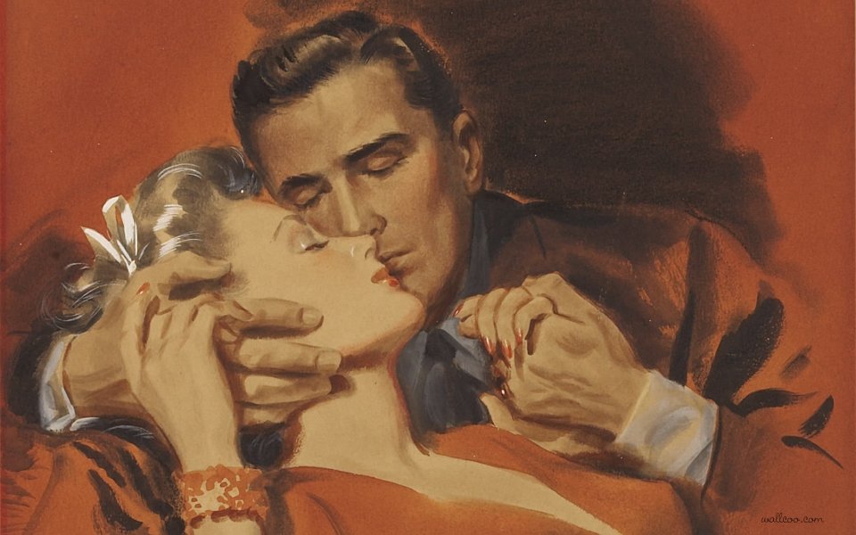 Vintage American Romantic Couple Kiss Illustration Detail