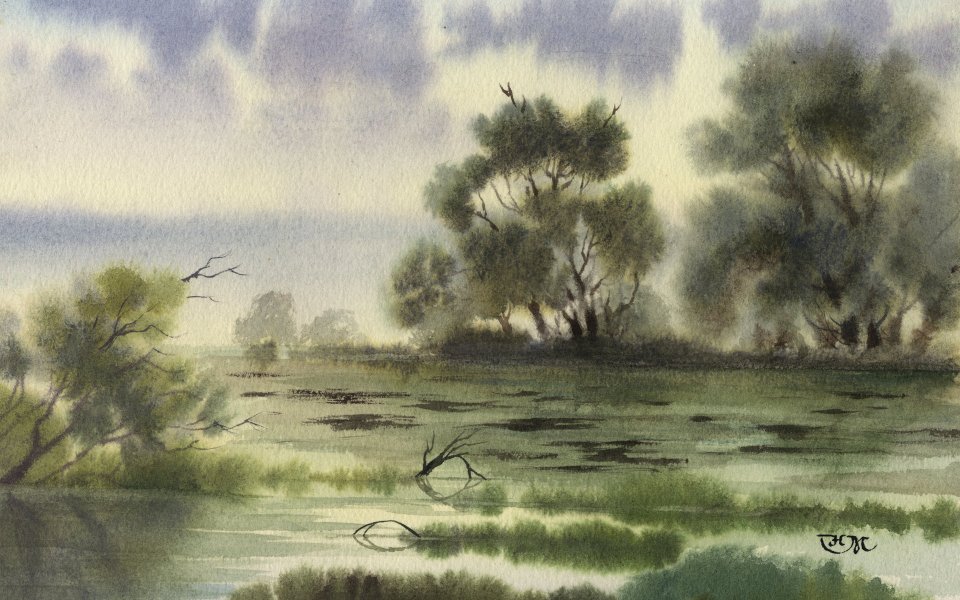 Watercolor Overgrown Pond Landscape