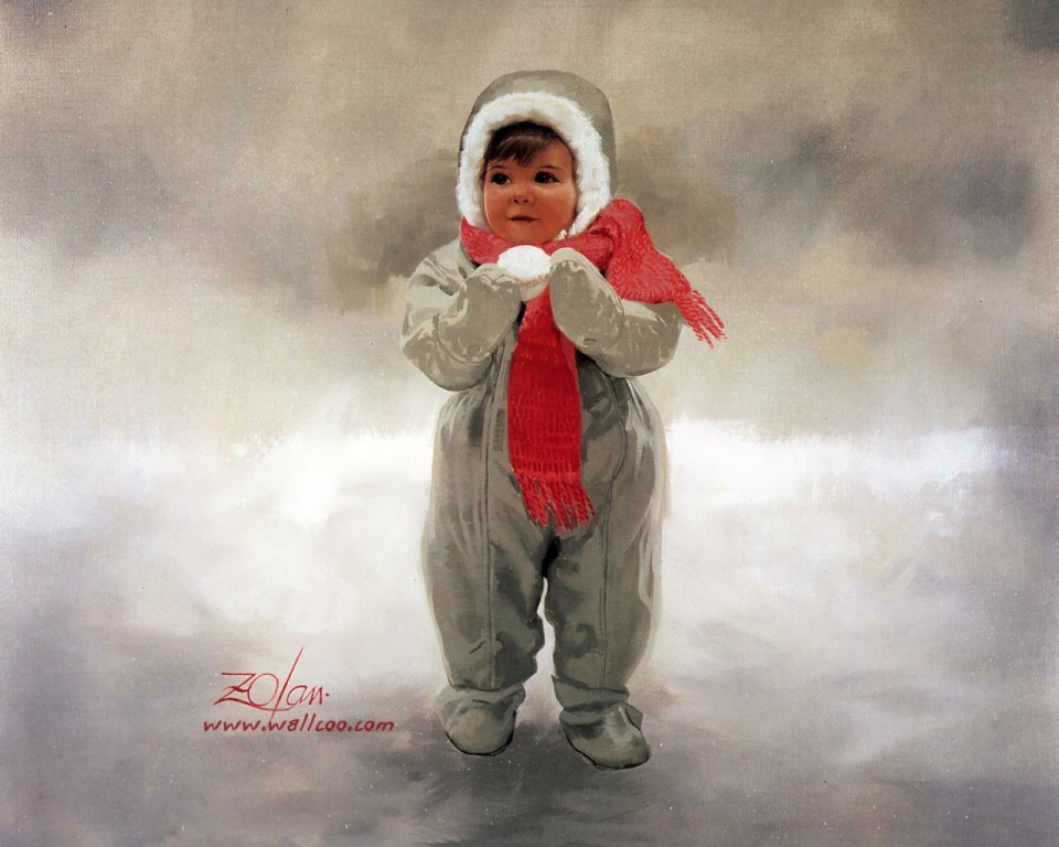 唐纳德·佐兰《冬日天使》孩童雪地油画