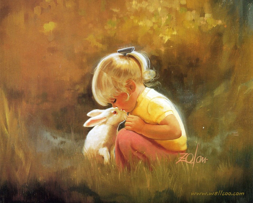 Donald Zolan Oil Painting Little Girl With White Rabbit Warm Moment