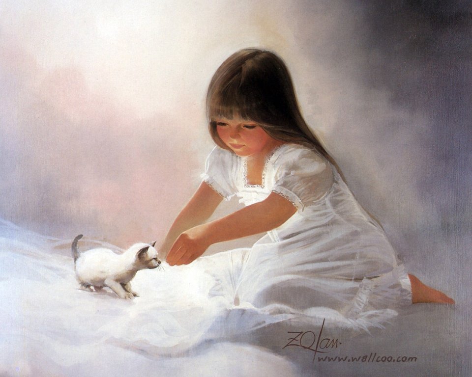 Donald Zolan Oil Painting Little Girl Playing With Kitten Tender Beginning