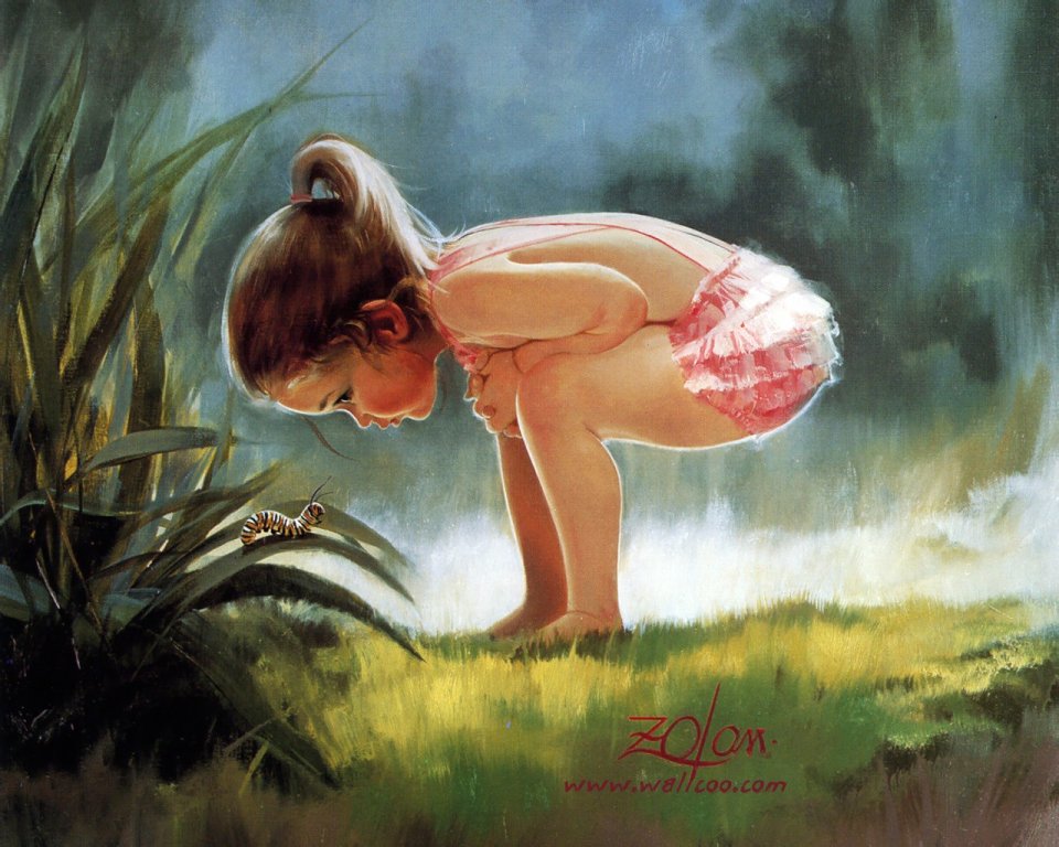 Donald Zolan Little Girl Watching Caterpillar Classic Oil Painting