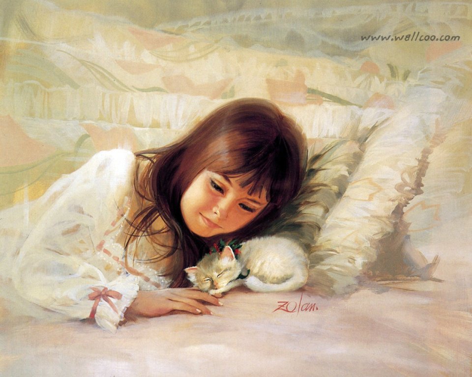 唐纳德·佐兰 童年主题油画 圣诞小猫与小女孩