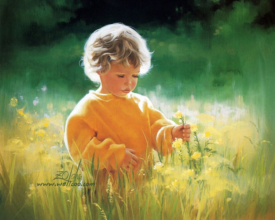 Donald Zolan Oil Painting Little Child Picking Flowers In Meadow