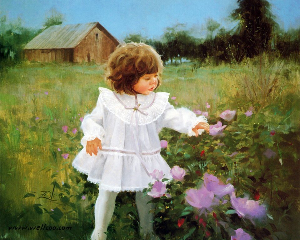 Donald Zolan 油画《丝带与玫瑰》 花丛边的小女孩