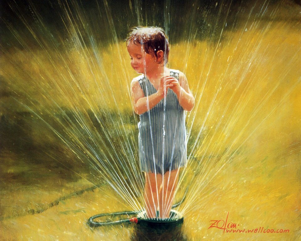 唐纳德·佐兰 夏日庭院玩洒水器的孩童油画