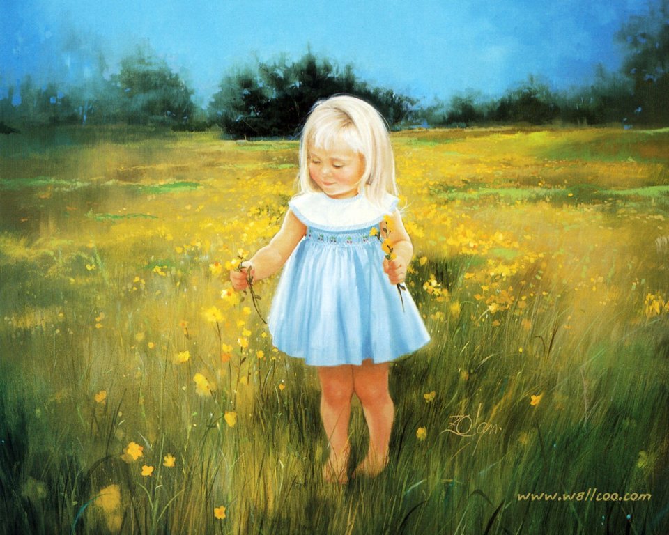 Donald Zolan Little Girl Picking Flowers In Meadow Oil Painting