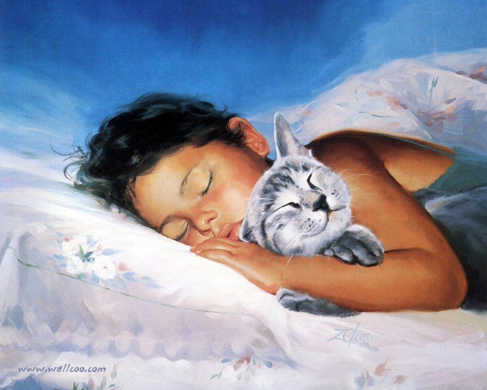 Donald Zolan Cat Nap Oil Painting Sleeping Child And Kitten