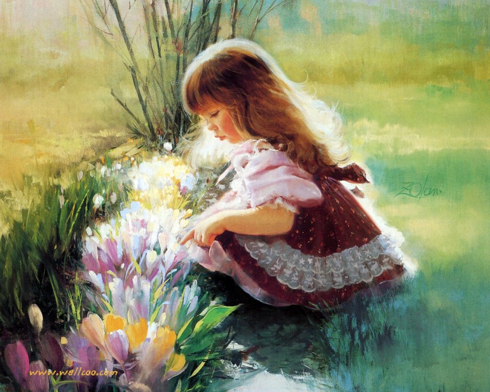 Donald Zolan Colors Of Spring Little Girl Admiring Crocus Oil Painting