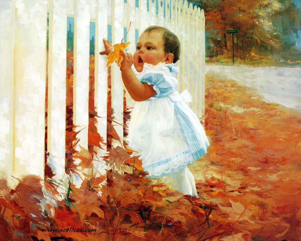 Donald Zolan First Autumn Oil Painting Toddler Holding Maple Leaf