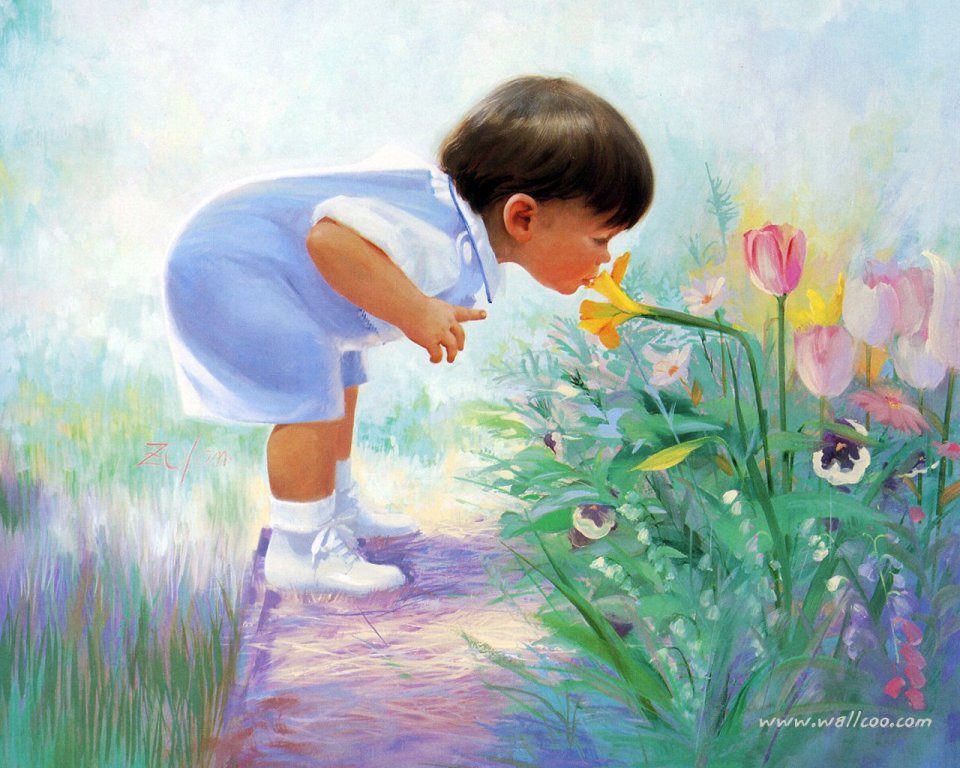 Donald Zolan Easter Morning Toddler Smelling Flower Painting