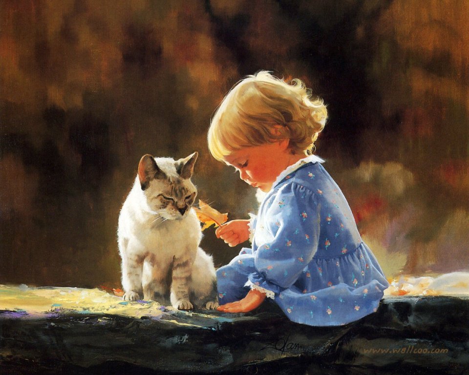 Donald Zolan 经典油画《Just We Two》小女孩与猫咪互动
