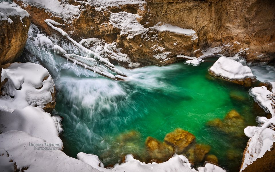 Winter Patnachklamm Canyon Emerald Stream Snow Ice Landscape