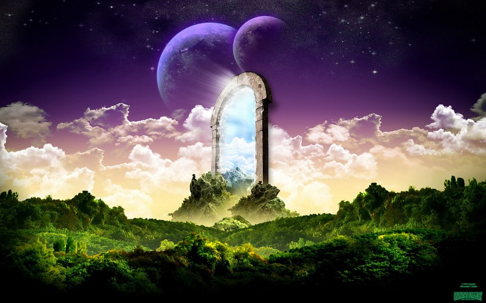 云端宇宙之门 双行星超现实奇幻风景艺术插画
