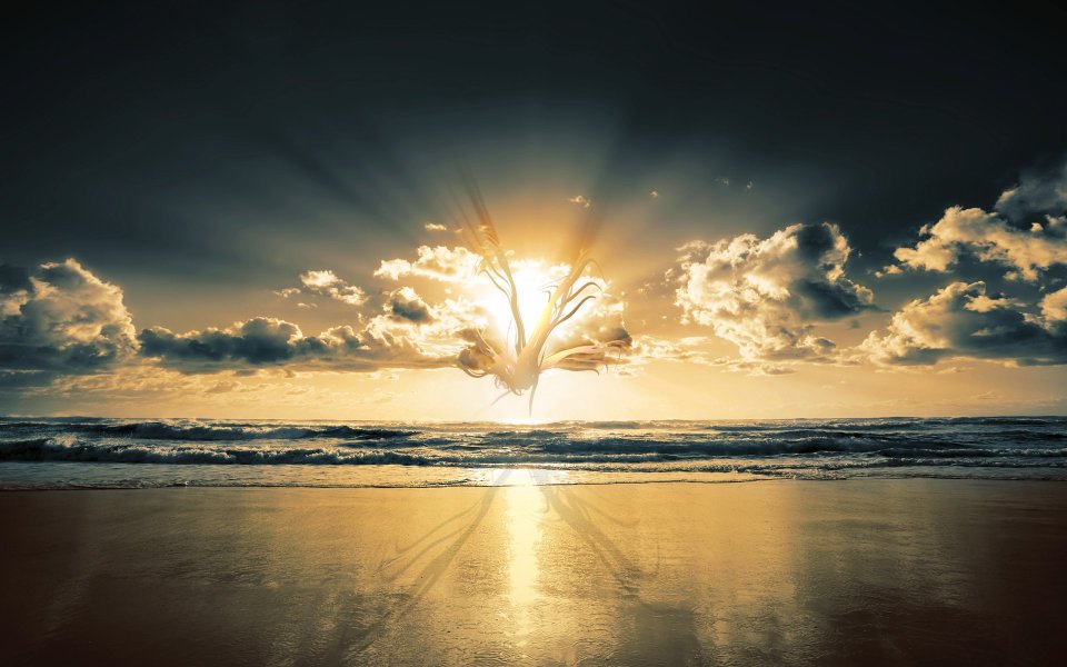 超现实海滩日出梦幻光影海景艺术壁纸