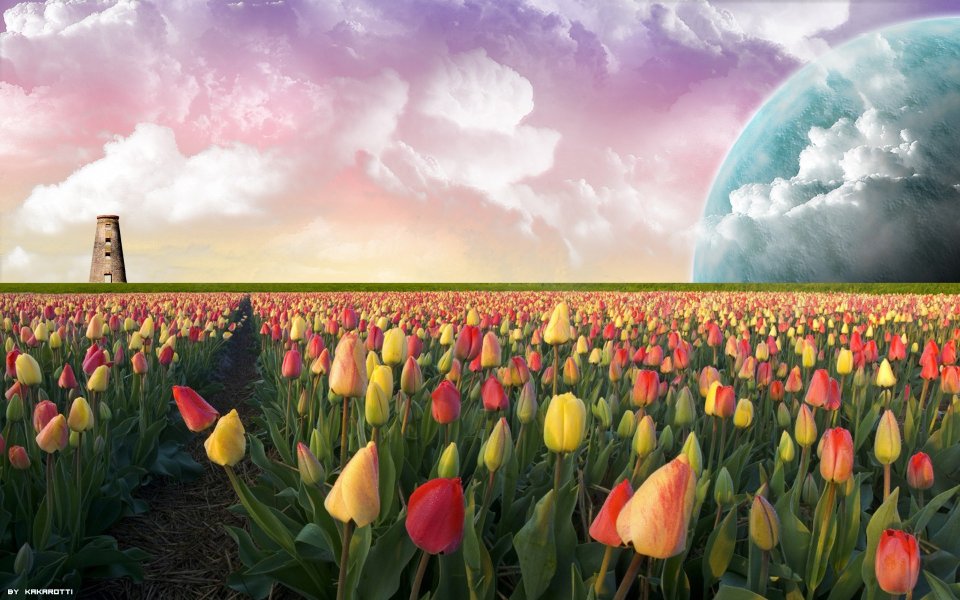 超现实奇幻郁金香花田 粉紫天空巨型异星景观