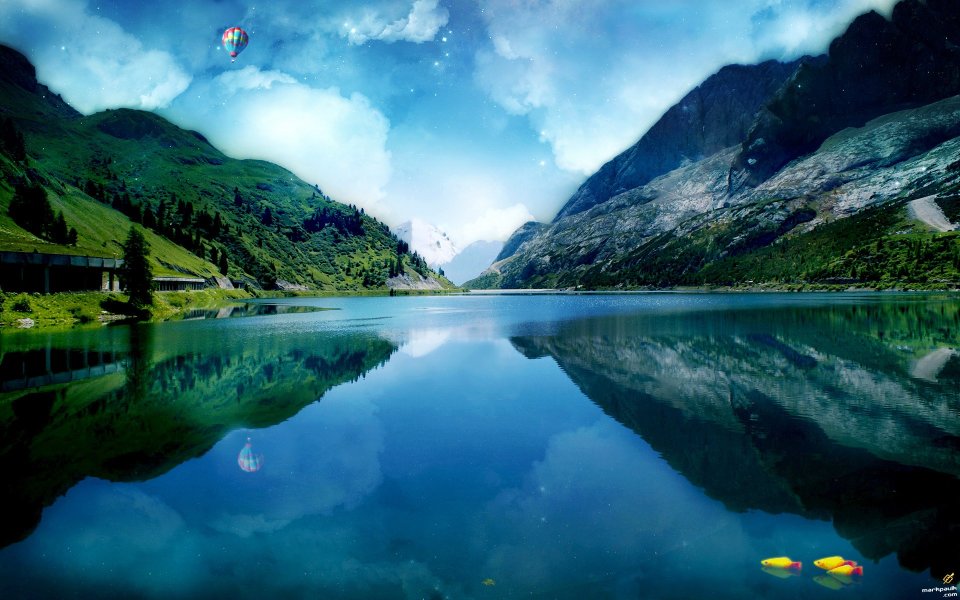 超现实梦幻高山湖泊风光 热气球湖景创意艺术壁纸