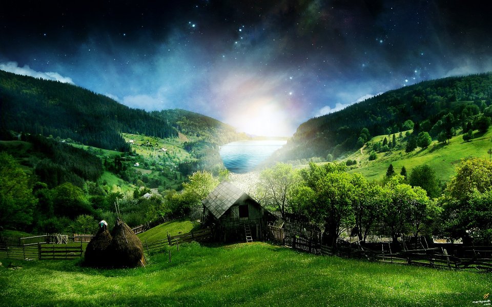 超现实奇幻山间乡村星空日出湖景