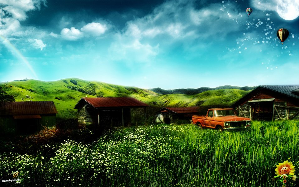 超现实奇幻乡村农场 草甸谷仓复古皮卡创意风景