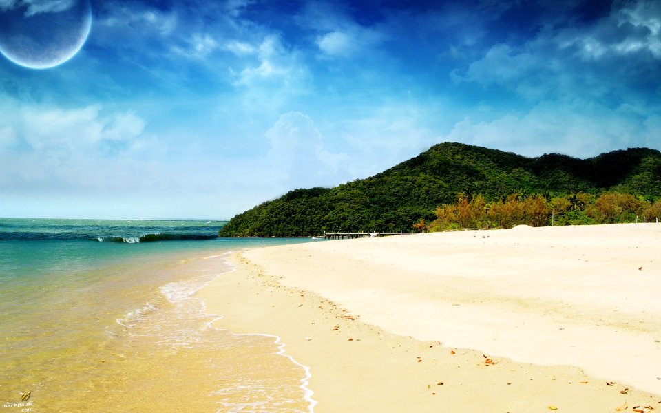 Surreal Fantasy Tropical Beach With Floating Alien Planet