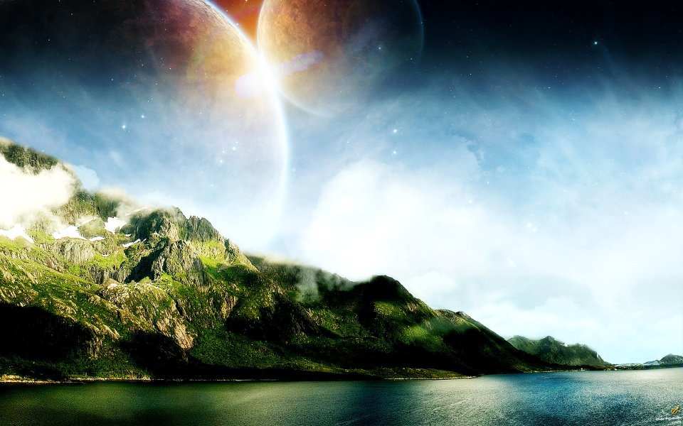 超现实异星海岸双行星科幻景观