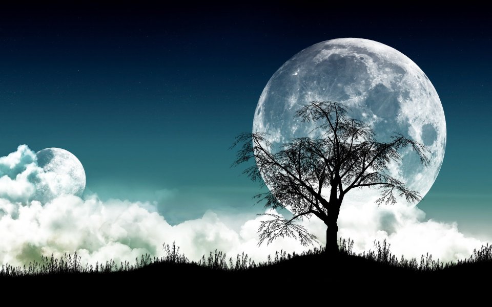 超现实奇幻双月夜景 孤树满月剪影风景壁纸