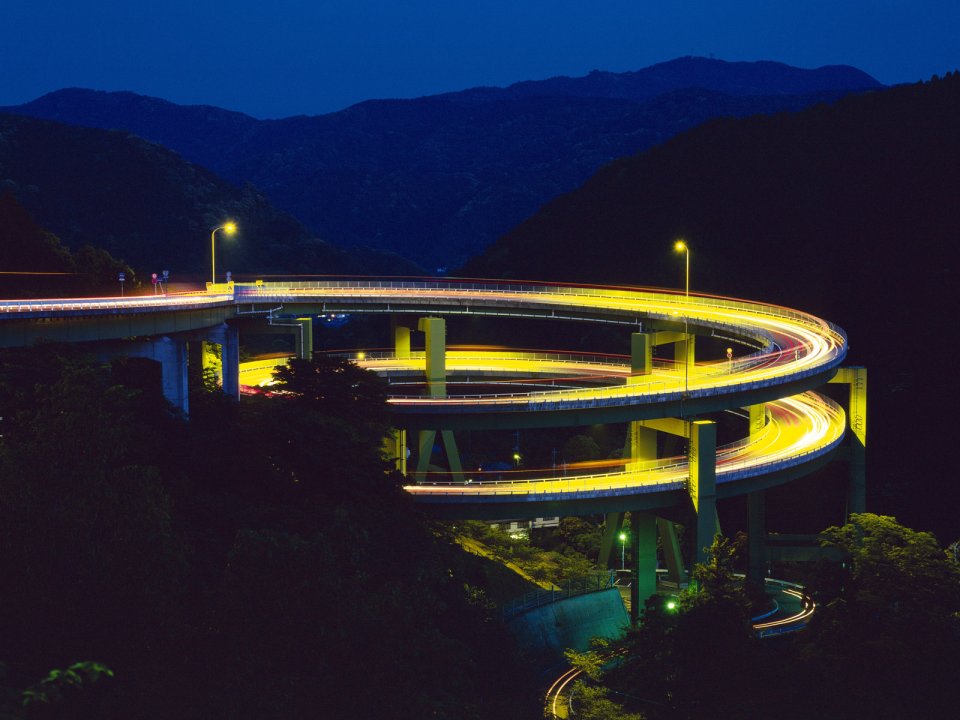 Japan Mountain Spiral Viaduct Night Scene Light Trails