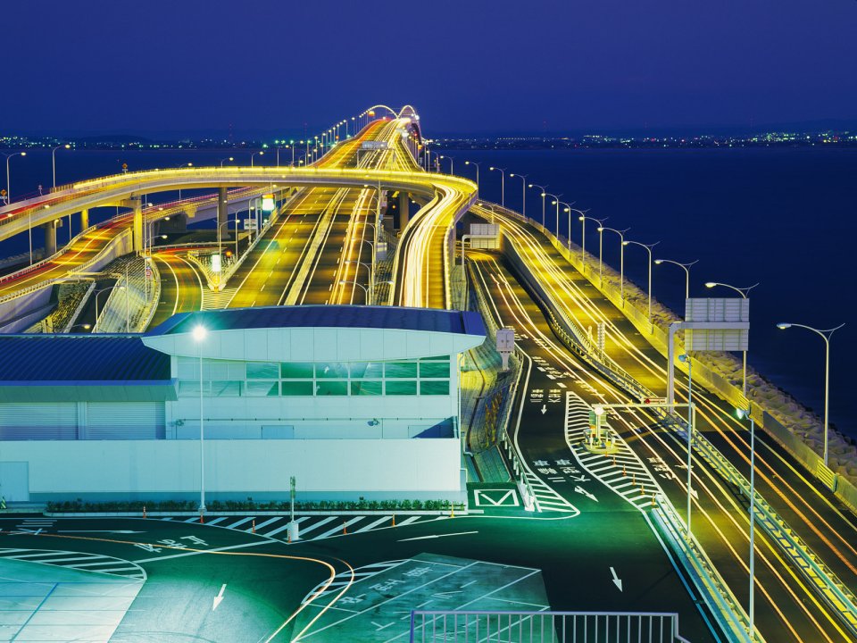 Japan Tokyo Bay Cross Sea Highway Night Light Trail Scenery