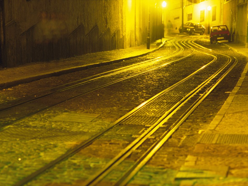 Warm Night Light Old Town Tram Track Alley Street View