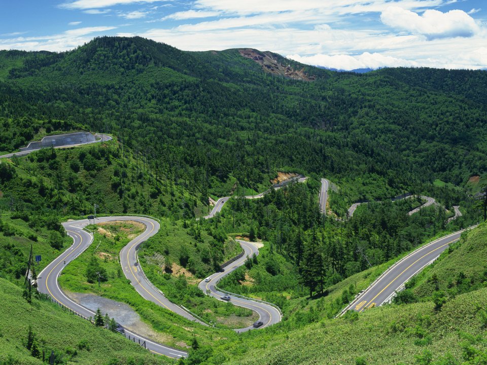 Summer Winding Mountain Road Lush Forest Japan Landscape