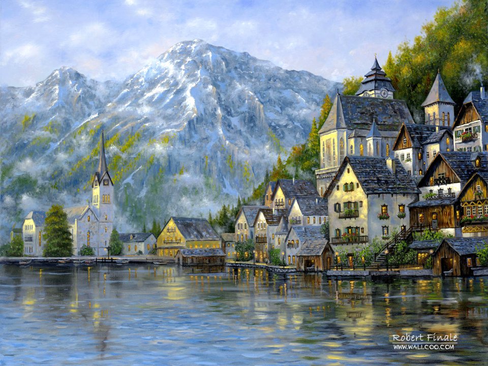 Hallstatt Austria Autumn Morning Landscape Oil Painting