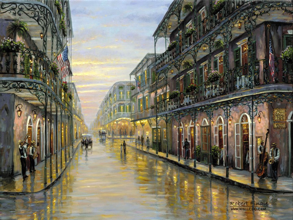 Robert Finale New Orleans French Quarter Dusk Rain Street Oil Painting