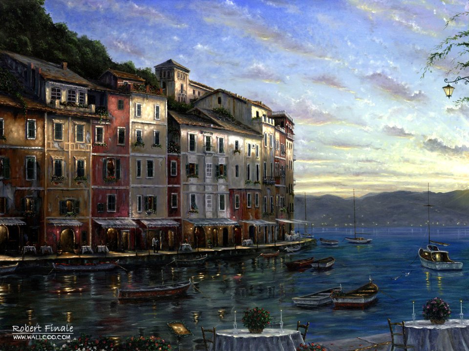 Robert Finale Portofino Sunrise Harbor Landscape Oil Painting
