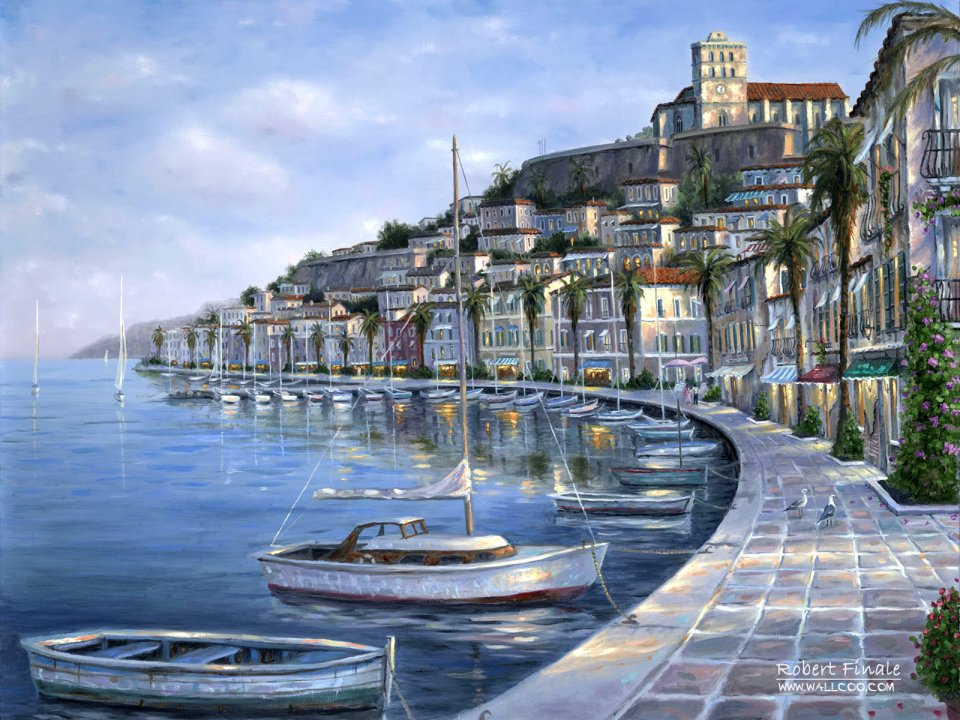 Robert Finale Summer Breeze Mediterranean Coastal Town Oil Painting