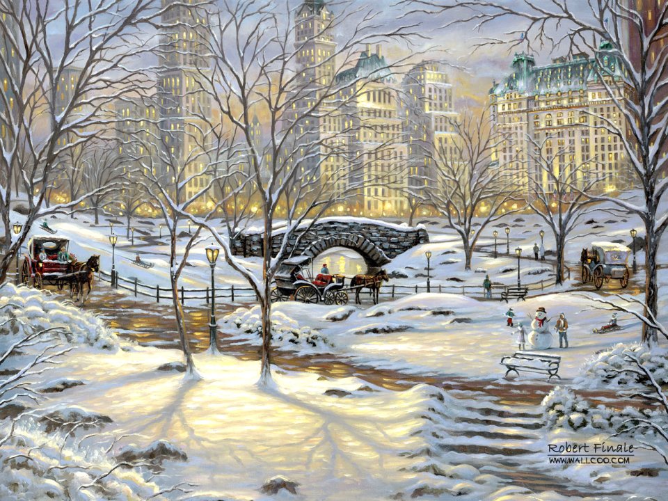 Robert Finale 纽约中央公园冬日傍晚雪景油画