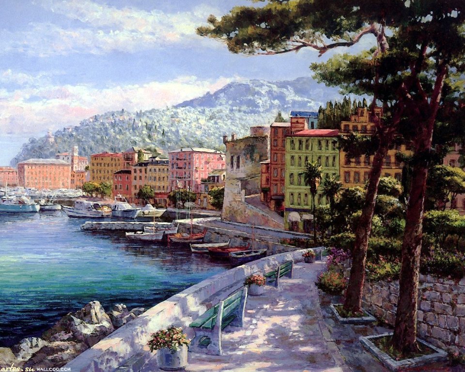 意大利圣玛格丽特滨海小镇风景油画