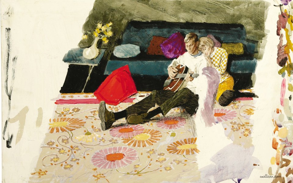 Retro American Illustration Romantic Couple Playing Guitar At Home