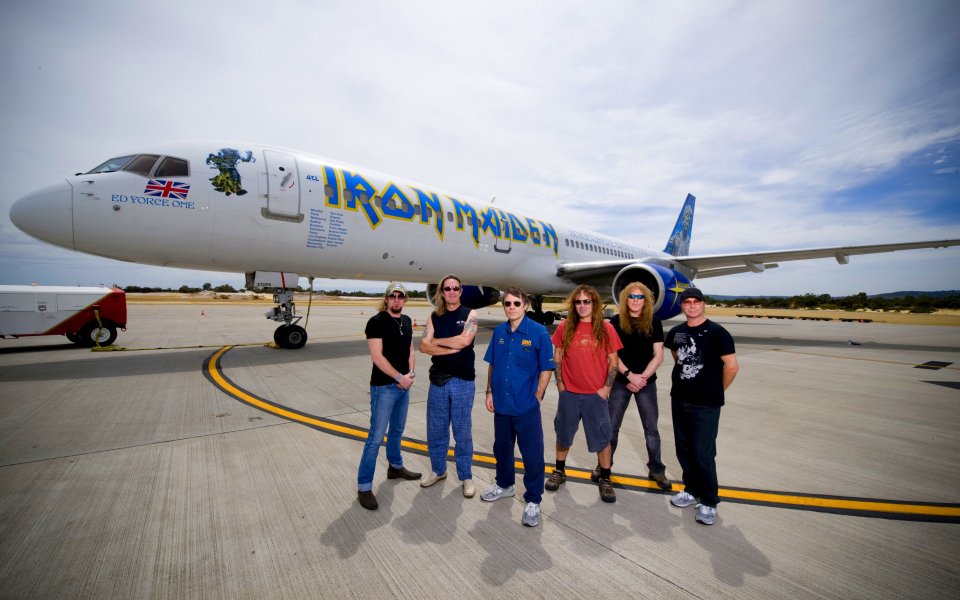 Iron Maiden Band With Ed Force One Tour Plane Airport Tarmac Photo