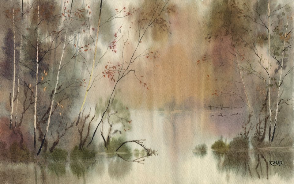 Serene Birch Forest Watercolor Painting